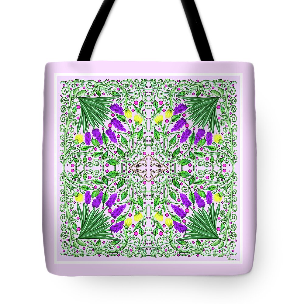 Purple Flowers Tote Bag featuring the mixed media Feminine Floral Design on Pink Background with Purple and Yellow Flowers by Lise Winne