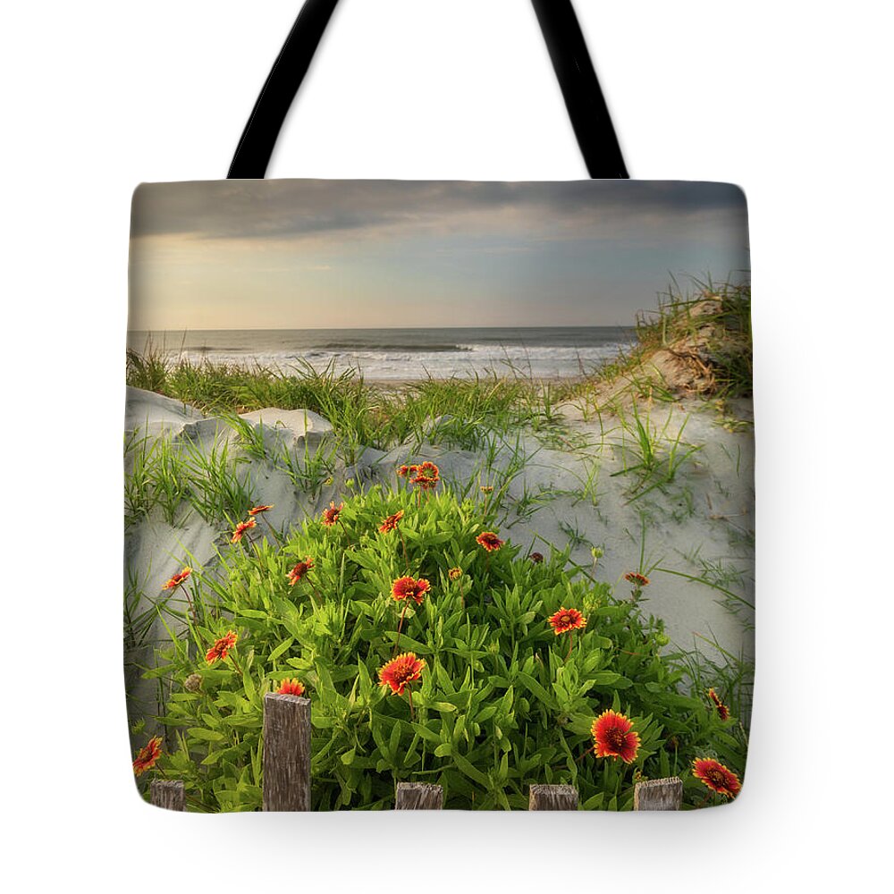 Folly Beach Tote Bag featuring the photograph Fence and Flowers Folly Beach by Donnie Whitaker