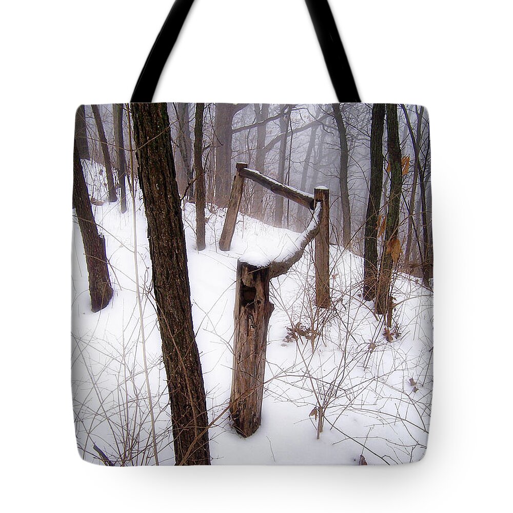 Fence Tote Bag featuring the photograph Fence In Forest In Winter by Phil Perkins