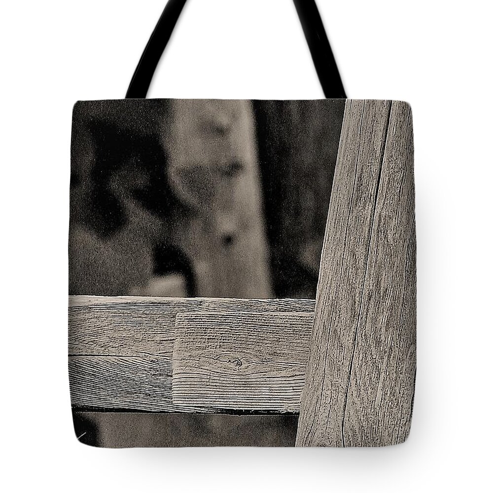 Fence Post Wood B&w Tote Bag featuring the photograph Fence Post by John Linnemeyer