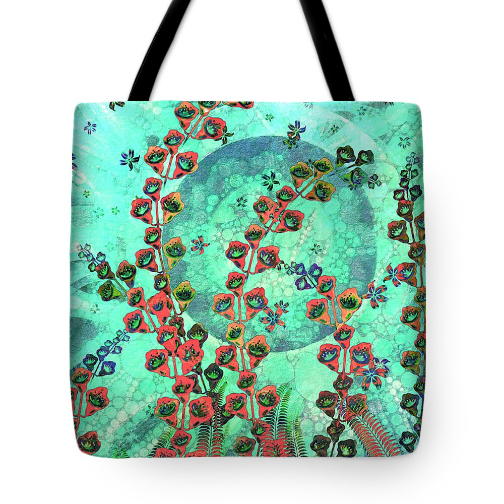 Ferns Tote Bag featuring the digital art Ferns and Foxgloves by Peggy Collins