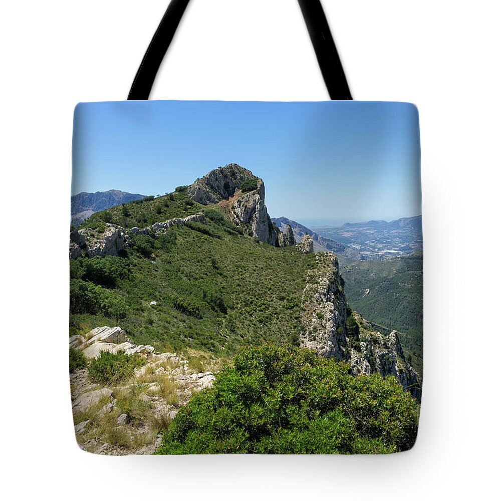 Mountain Tote Bag featuring the photograph Ferrer mountain ridge and view of Puig Campana by Adriana Mueller