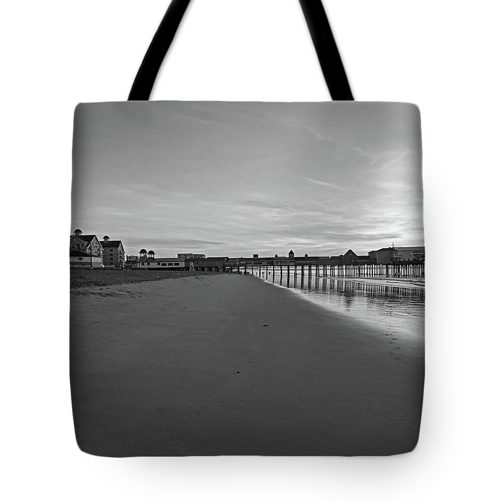 Old Tote Bag featuring the photograph Ferris Wheel on the Beach Old Orchard Beach Maine Sunrise Pier Black and White by Toby McGuire