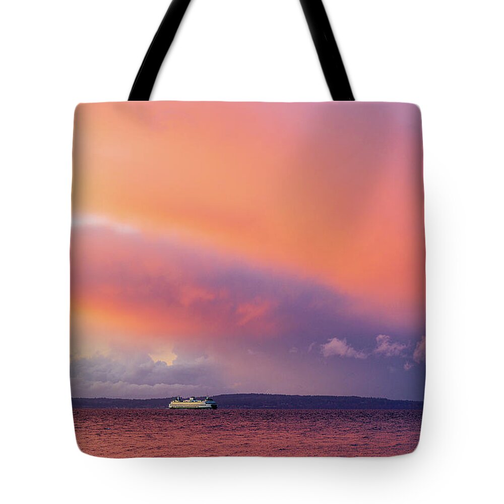 Outdoor; Colors; Bainbridge Island; Sunset; Twilight; Elliott Bay Tote Bag featuring the digital art Ferry in the sunset storm by Michael Lee
