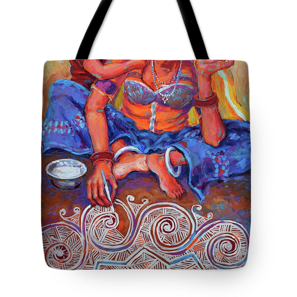 Mother And Child Tote Bag featuring the painting Festive Bliss, Rangoli by Jyotika Shroff