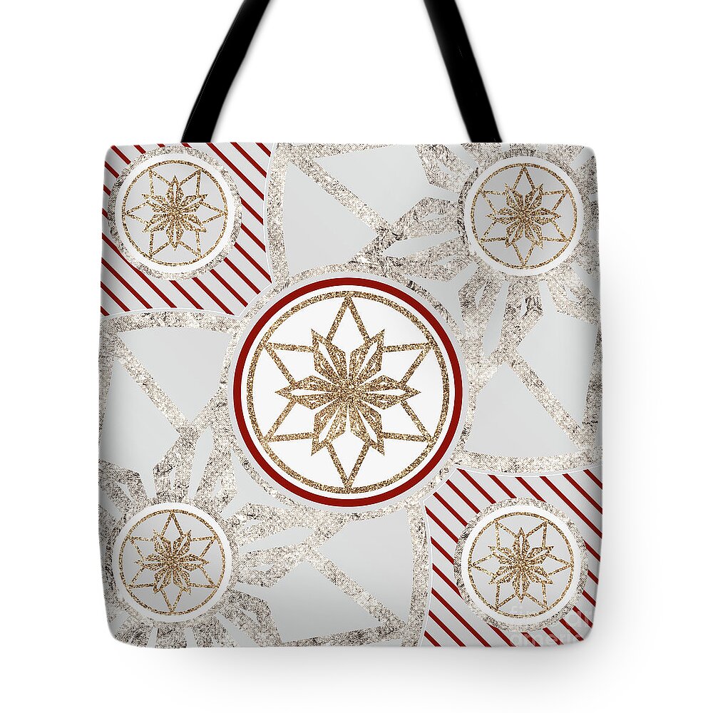 Abstract Tote Bag featuring the mixed media Festive Sparkly Geometric Glyph Art in Red Silver and Gold n.0077 by Holy Rock Design