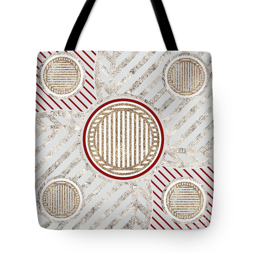 Abstract Tote Bag featuring the mixed media Festive Sparkly Geometric Glyph Art in Red Silver and Gold n.0097 by Holy Rock Design