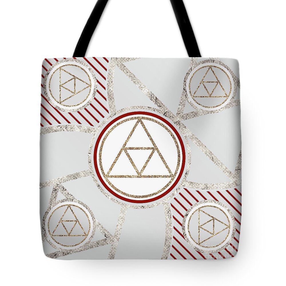 Abstract Tote Bag featuring the mixed media Festive Sparkly Geometric Glyph Art in Red Silver and Gold n.0322 by Holy Rock Design
