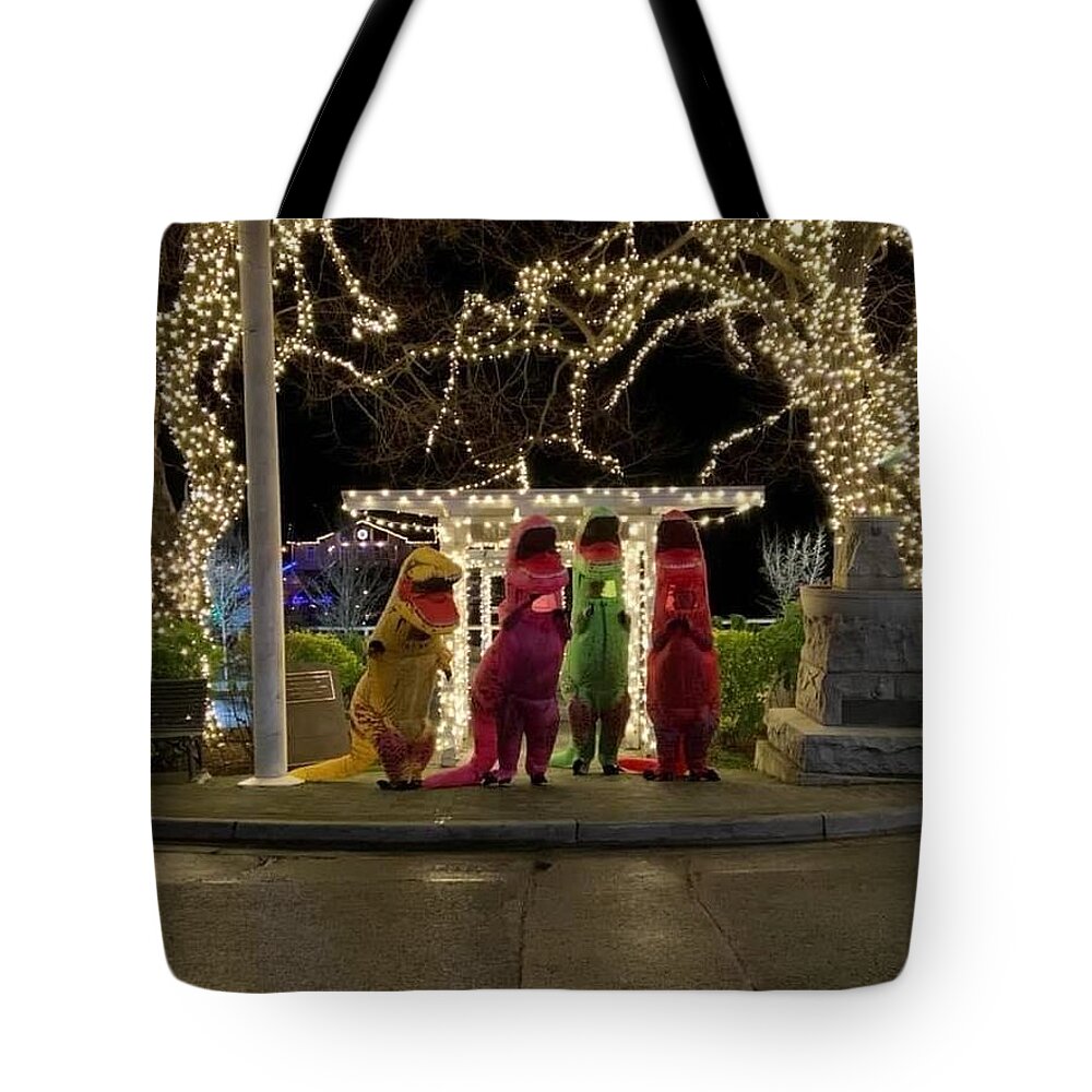 T-rex Tote Bag featuring the photograph Festive T-Rexes by Brenna Woods