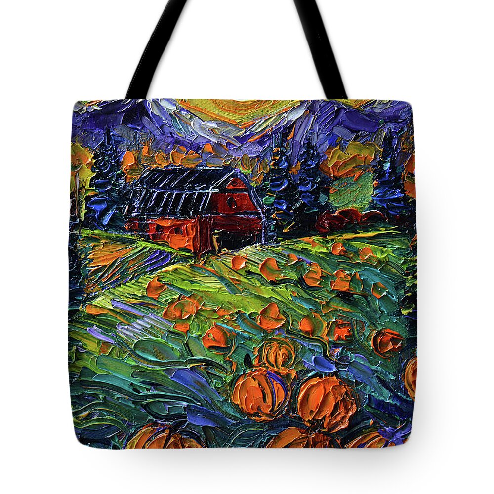 Field Of Pumpkins Tote Bag featuring the painting FIELD OF PUMPKINS - Detail - commissioned oil painting by Mona Edulesco