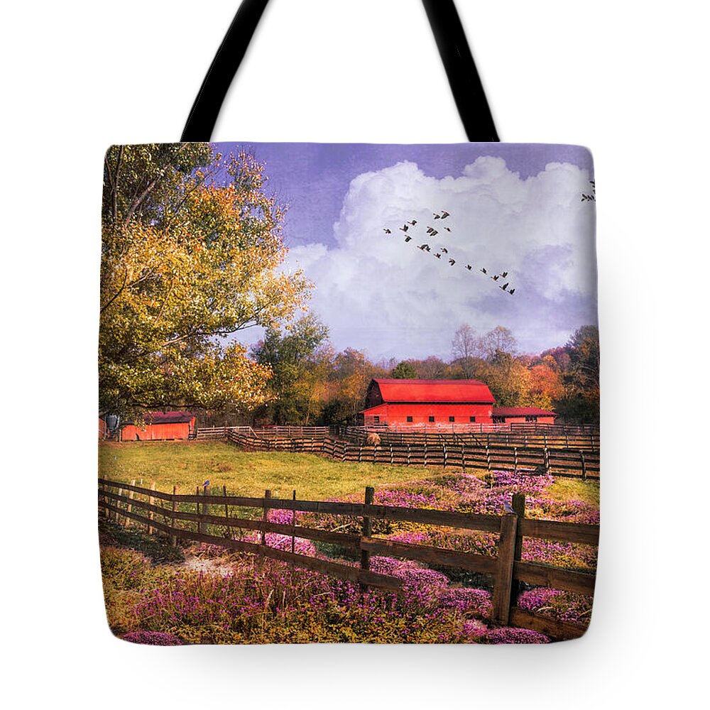 Barns Tote Bag featuring the photograph Fields of Lavender at Autumn Sunset by Debra and Dave Vanderlaan