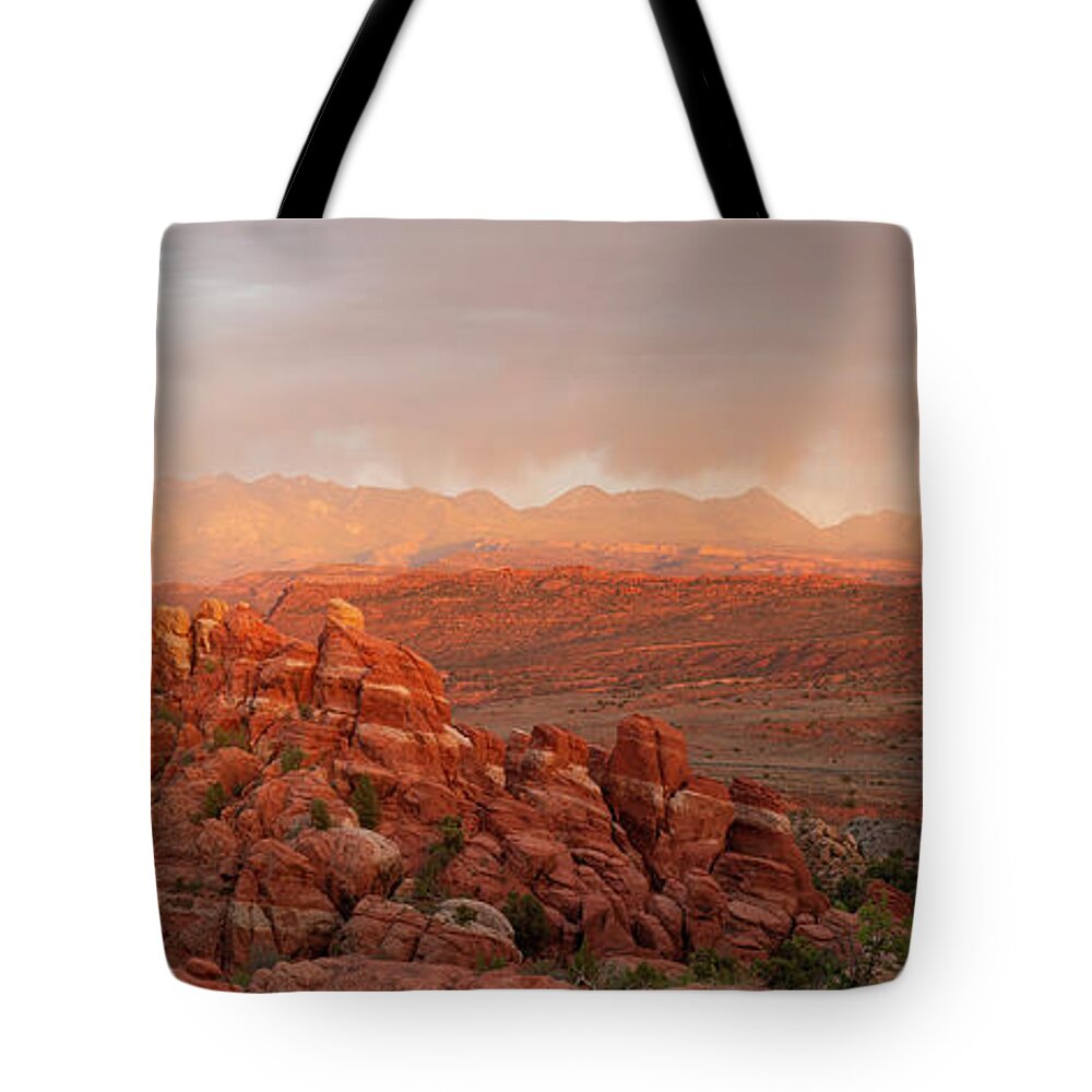 Arches National Park Tote Bag featuring the photograph Fiery Furnace Sunset Panorama by Aaron Spong