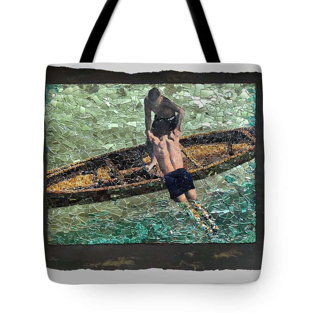 Glass Tote Bag featuring the mixed media Fig. 132. Lifting unconscious victim into canoe. by Matthew Lazure
