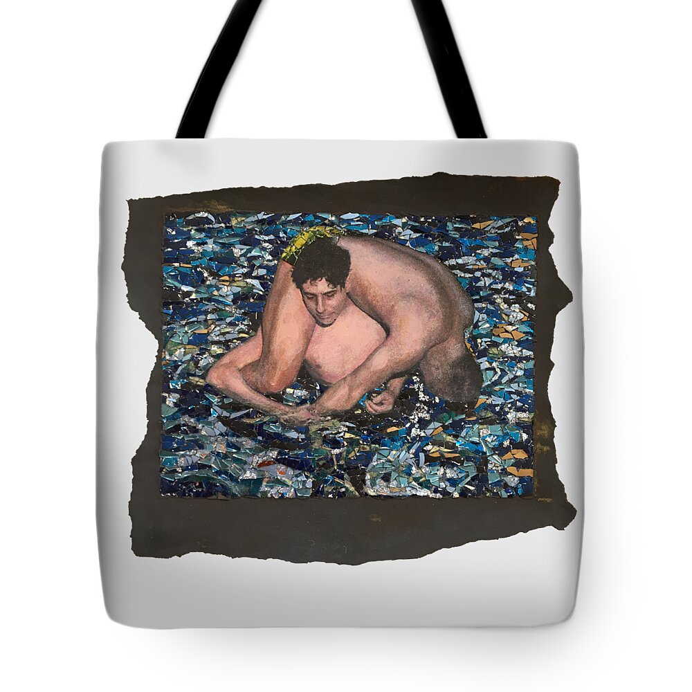 Glass Tote Bag featuring the mixed media Fig. 94. Fireman's carry. 3. Coming ashore. by Matthew Lazure