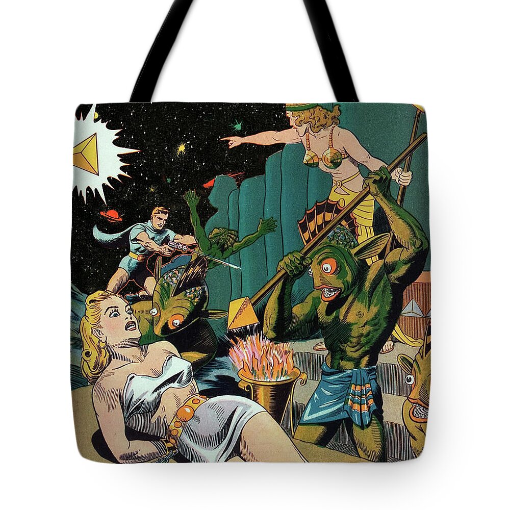 Alien Tote Bag featuring the digital art Fight Against Fish People by Long Shot