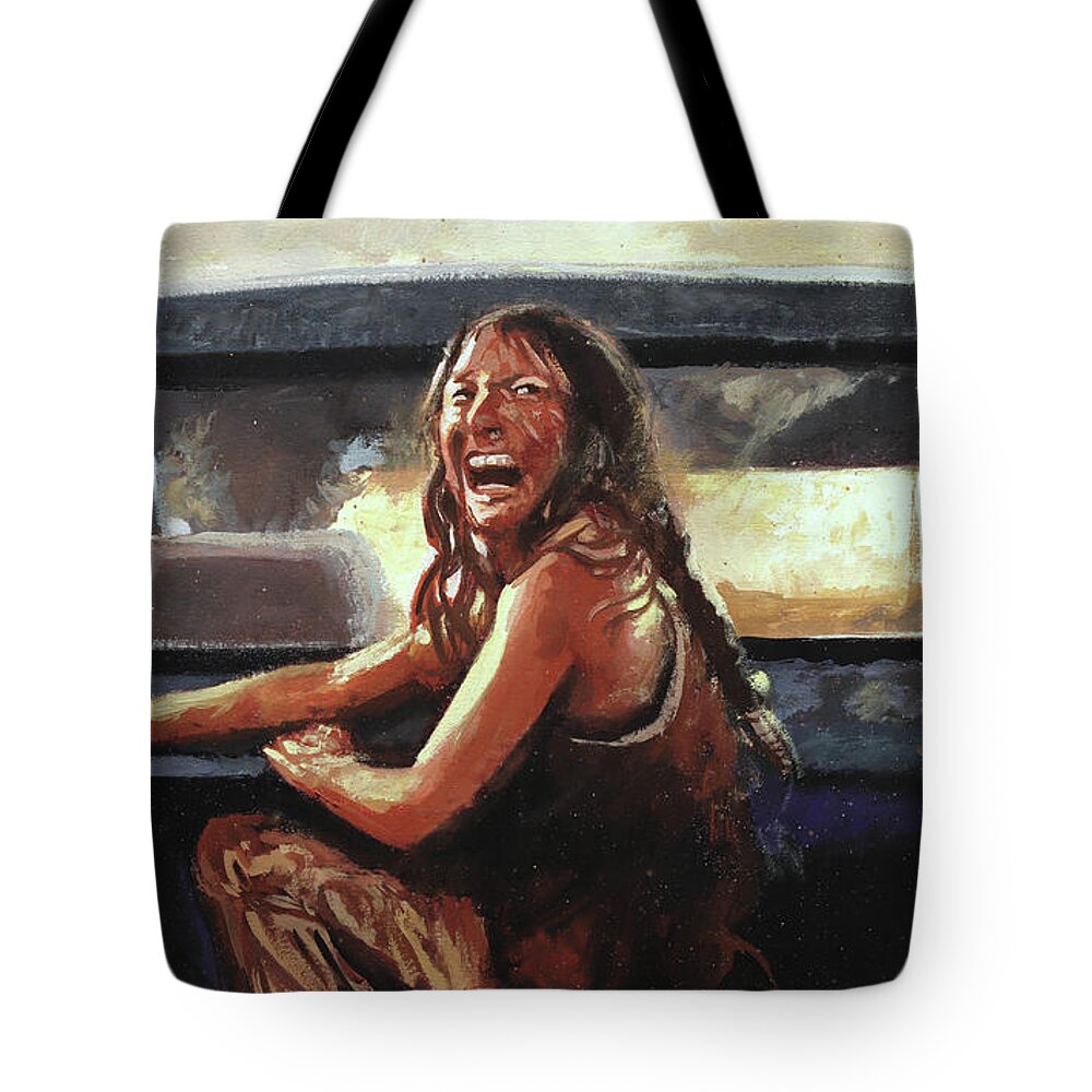 Girl Tote Bag featuring the painting Final Girl Texas Chainsaw Massacre by Sv Bell