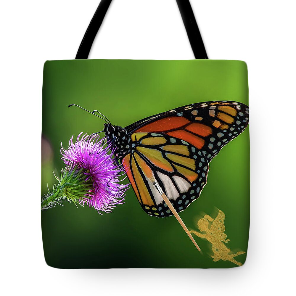Monarch Tote Bag featuring the photograph Finishing Up - fairy painting the color onto Monarch butterfly feeding on Canada Thistle flower by Peter Herman