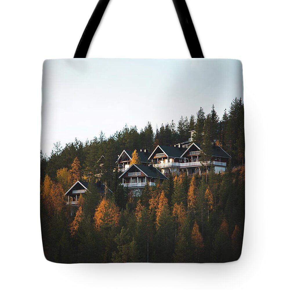 Cottage Tote Bag featuring the photograph Finnish cabins in the polar sunset by Vaclav Sonnek