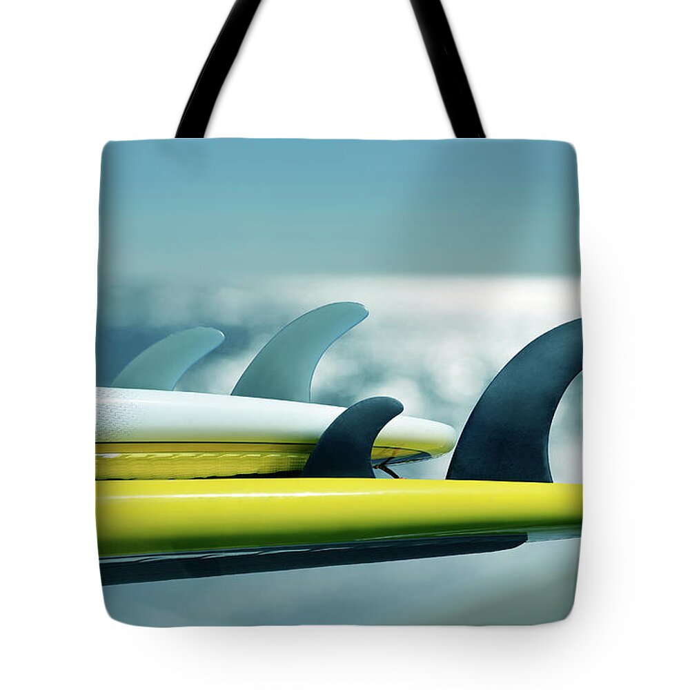 Surfer Tote Bag featuring the photograph Fins Up Surfboard Stack by Laura Fasulo