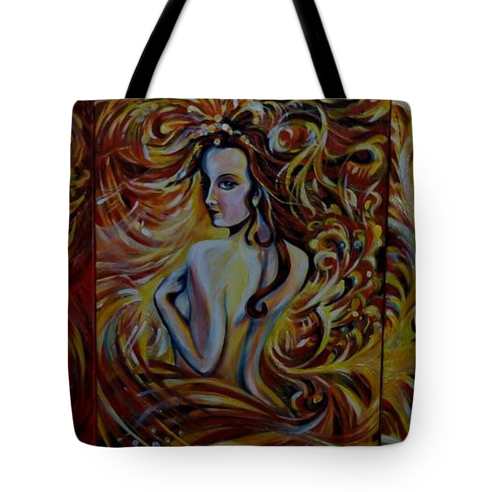 Acrylic Tote Bag featuring the painting Fire Bird. Zhar-Ptitsa. Triptych by Anna Duyunova