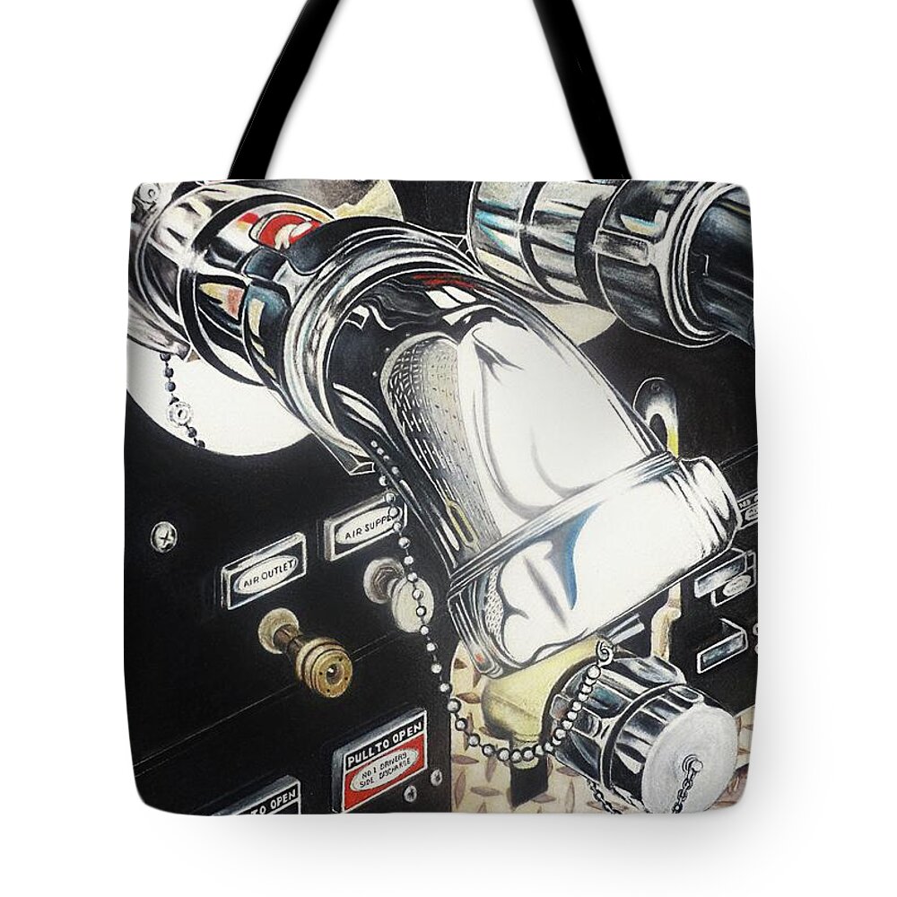 Chrome Tote Bag featuring the drawing Fire Truck Bling by David Neace CPX