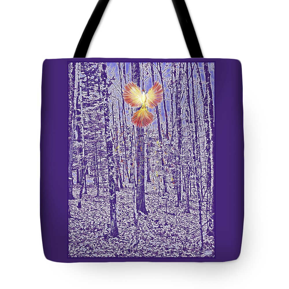 Firebird Tote Bag featuring the mixed media Firebird in the Trees by Lise Winne