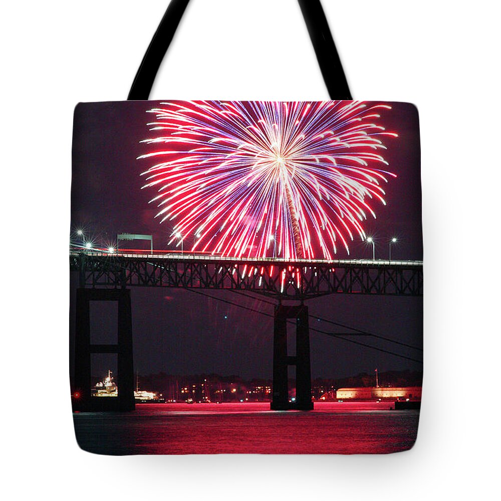 Fireworks Tote Bag featuring the photograph Fireworks over the Newport Bridge by Jim Feldman