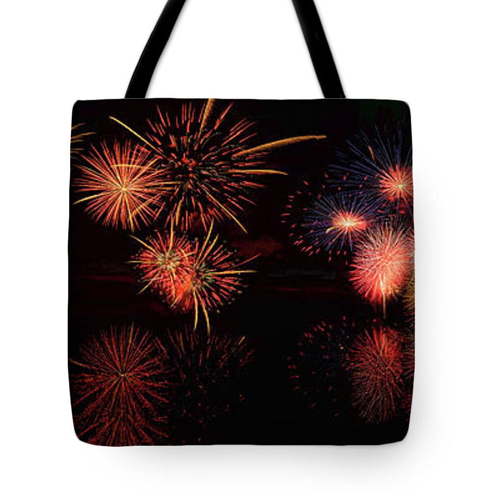 Olena Art Tote Bag featuring the digital art Fireworks Reflection Panorama by Lena Owens - OLena Art Vibrant Palette Knife and Graphic Design