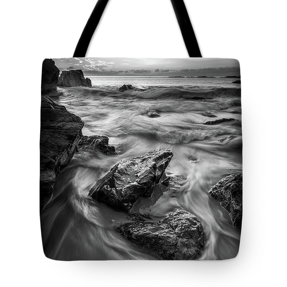 Marginal Way Tote Bag featuring the photograph First Light in Ogunquit in Black and White by Kristen Wilkinson