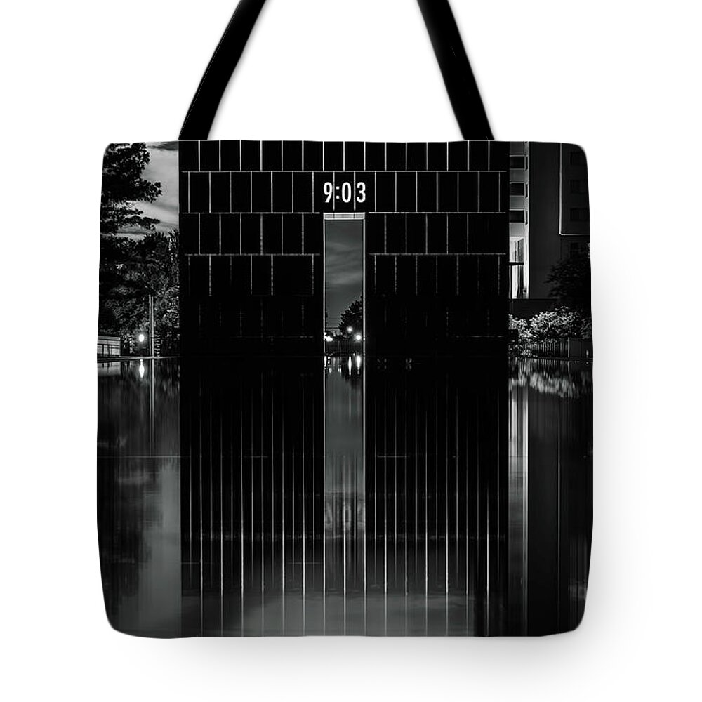 Oklahoma Tote Bag featuring the photograph First Moment of Recovery Oklahoma City Memorial Night BW by Joan Carroll