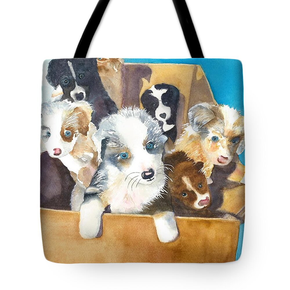 Puppies Tote Bag featuring the painting First Vet Visit by Beth Fontenot
