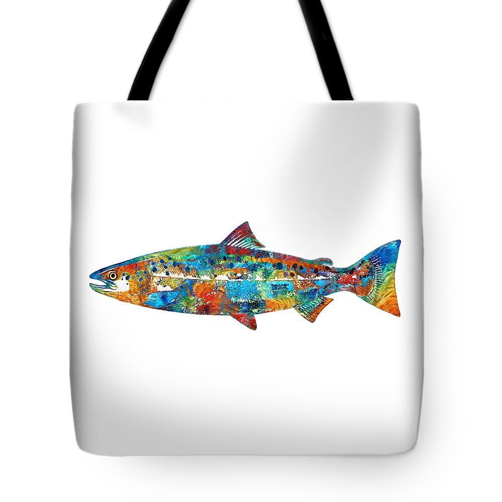 Salmon Tote Bag featuring the painting Fish Art Print - Colorful Salmon - By Sharon Cummings by Sharon Cummings