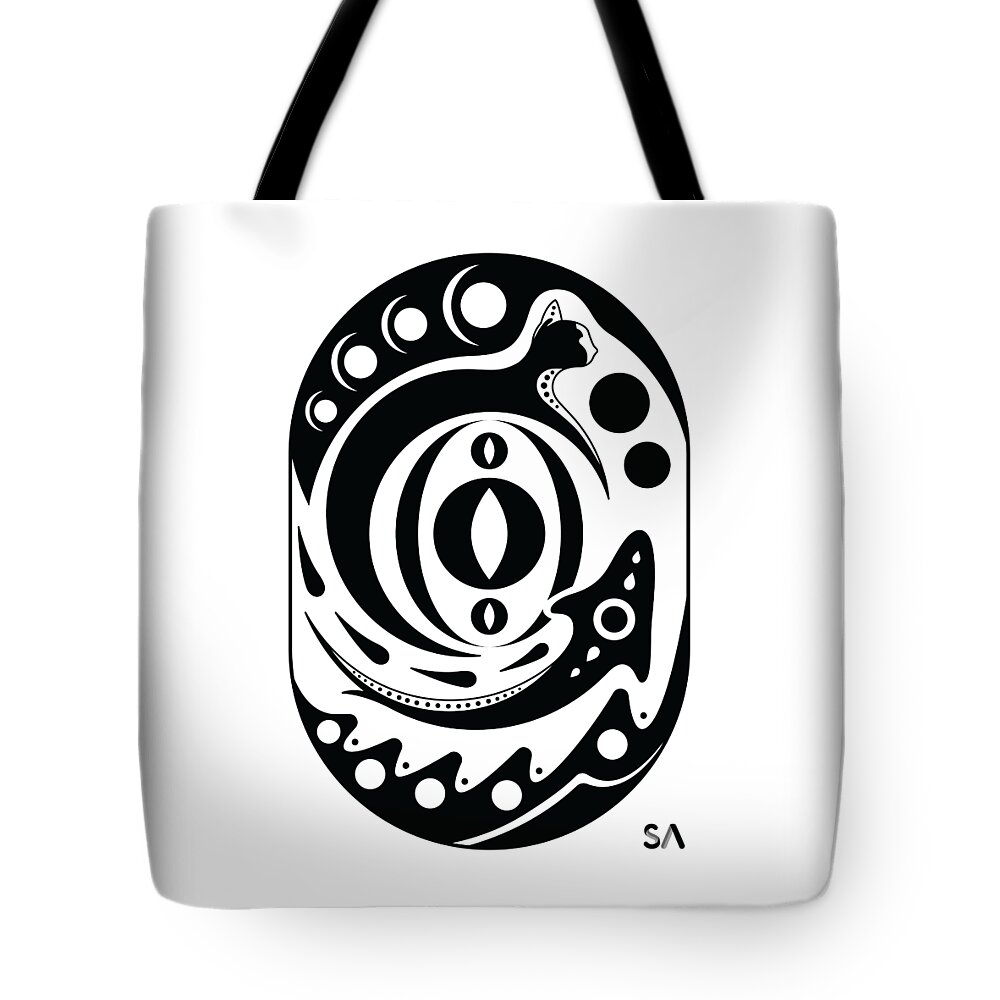 Black And White Tote Bag featuring the digital art Fish Cat by Silvio Ary Cavalcante