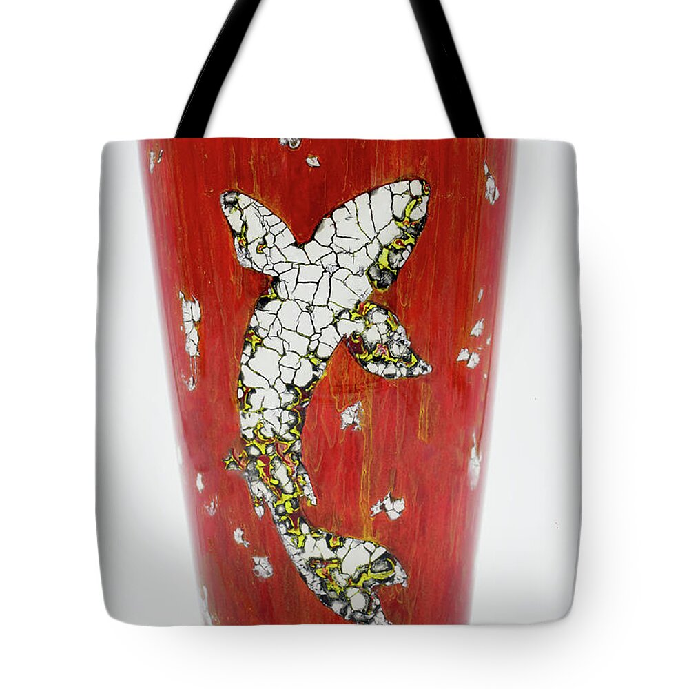 Fish Tote Bag featuring the glass art Fish on Red Vase by Christopher Schranck