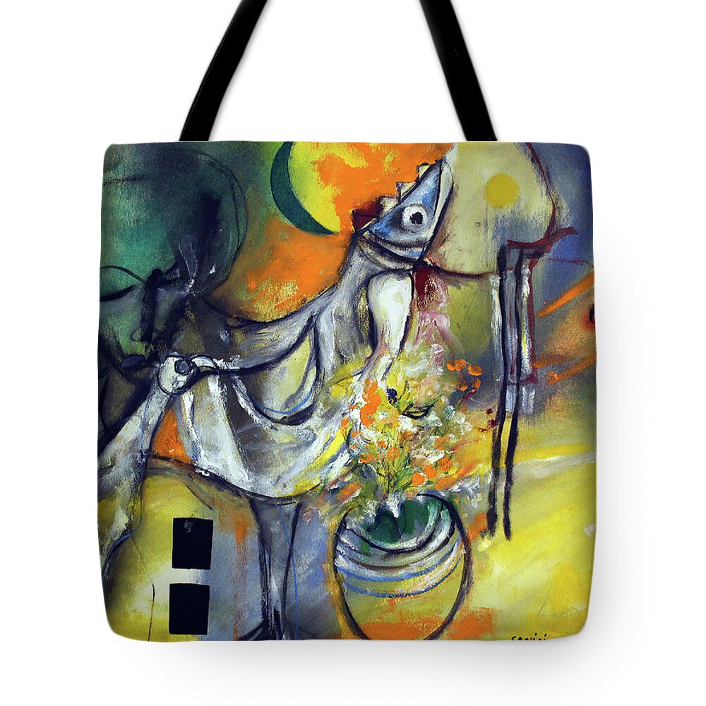 African Art Tote Bag featuring the painting Fishbirdman I am by Winston Saoli 1950-1995