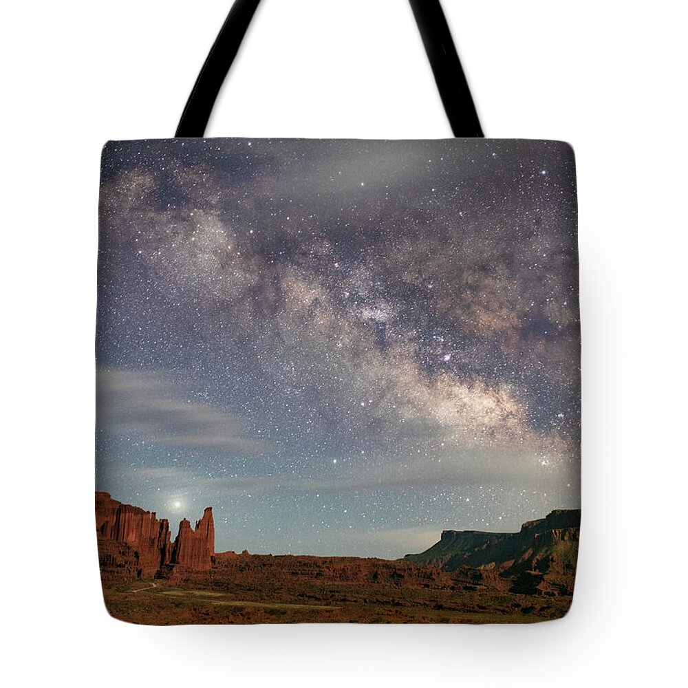 Moab Utah Desert Colorado Plateau Milky Way Night Professor Valley Castle Valley Tote Bag featuring the photograph Fisher Towers and the Milky Way by Dan Norris