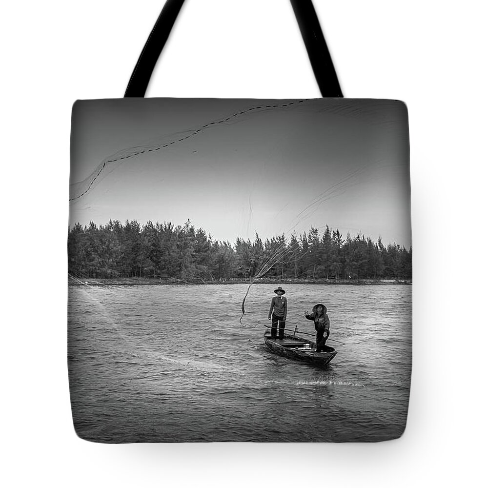 Ancient Tote Bag featuring the photograph Fishermen Casting Net by Arj Munoz