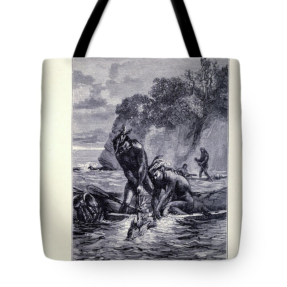 Cuba Tote Bag featuring the drawing Fishermen on the Coast of Cuba x5 by Historic illustrations