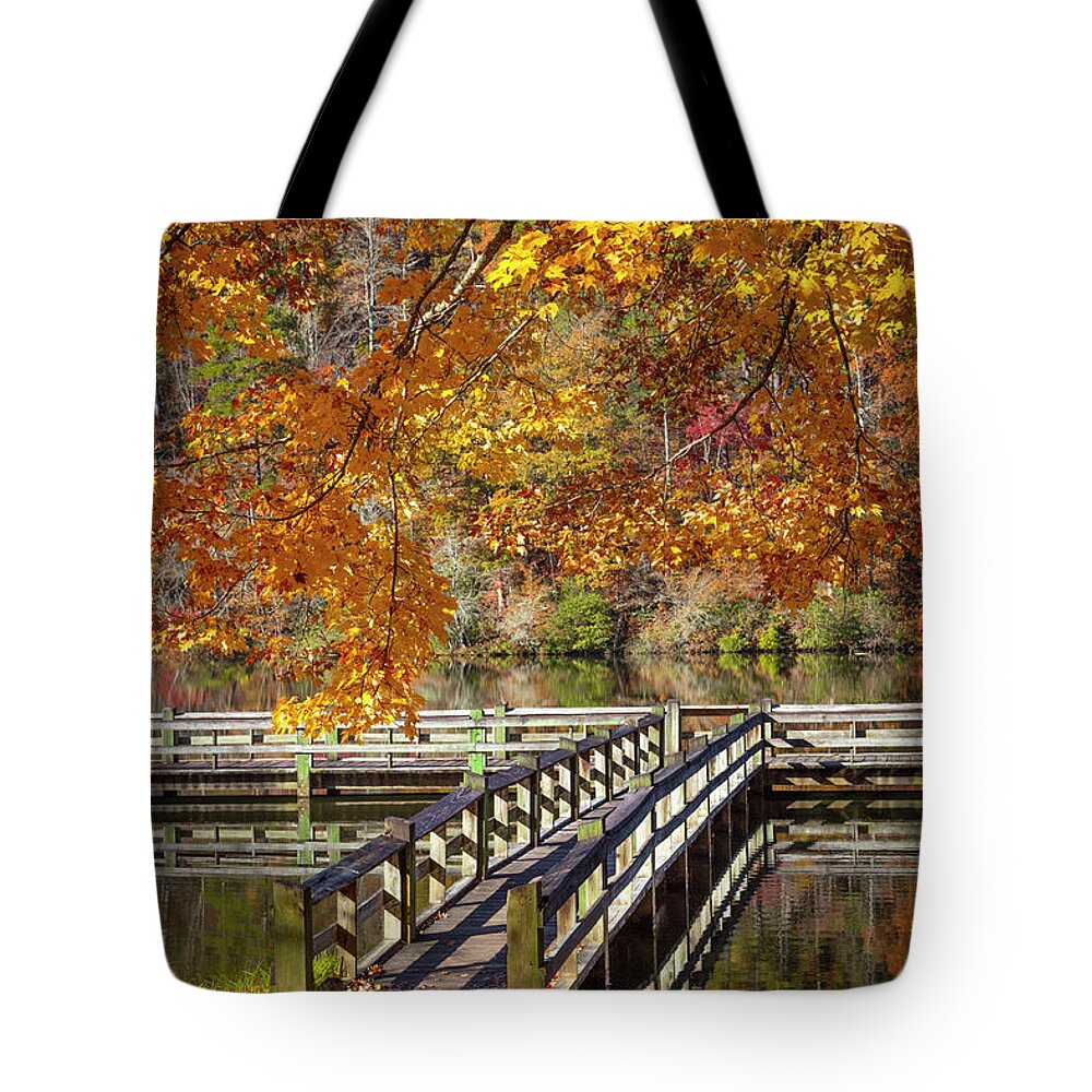 Carolina Tote Bag featuring the photograph Fishing Dock under the Maple Trees by Debra and Dave Vanderlaan