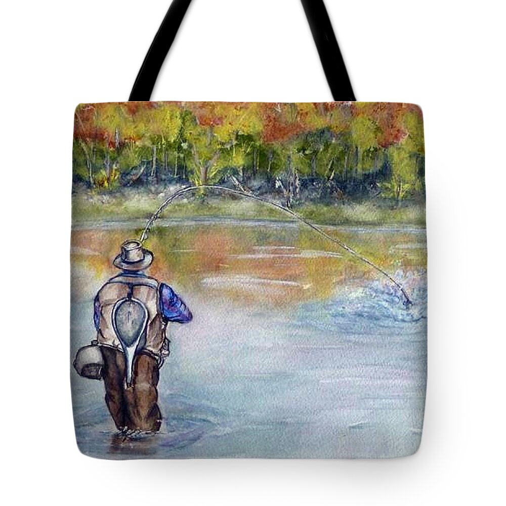 Fishing Tote Bag featuring the painting Fishing in Natures Beauty by Kelly Mills