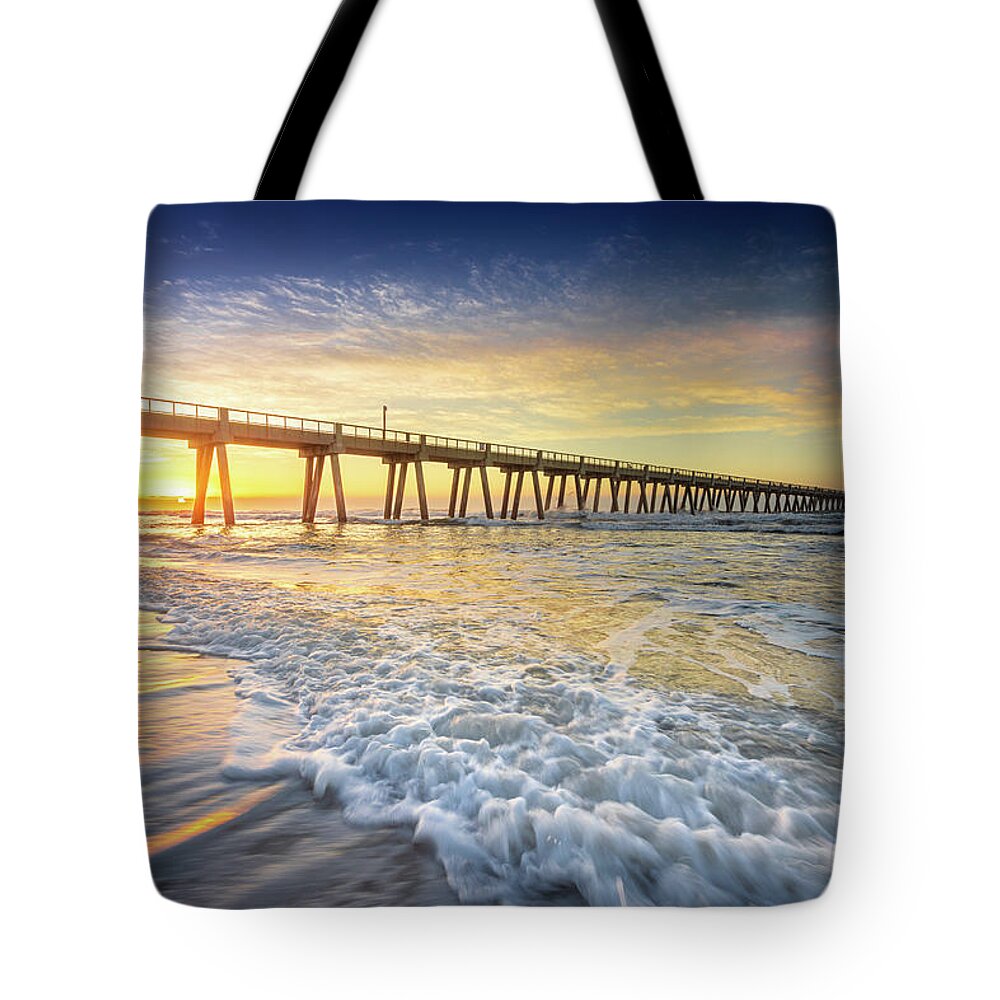 Pier Tote Bag featuring the photograph Fishing Pier Navarre Beach Florida Waves Sunrise. by Jordan Hill