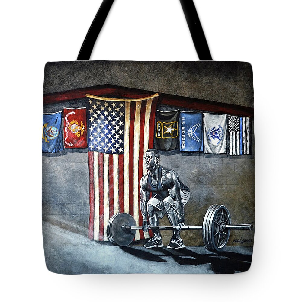 Gym Tote Bag featuring the painting Fit for Duty by Joan Garcia