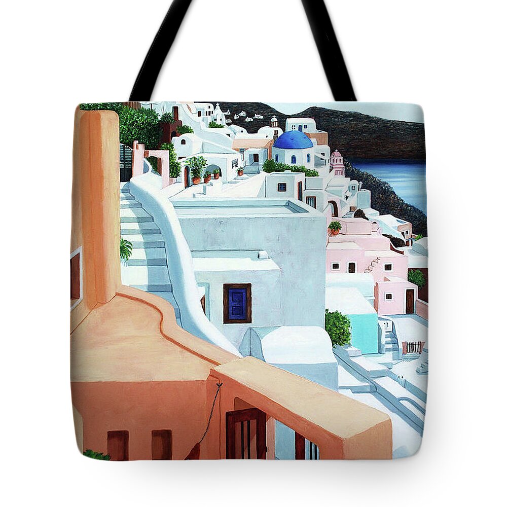 Santorini Tote Bag featuring the painting Five Crosses On Santorini by Mary Grden