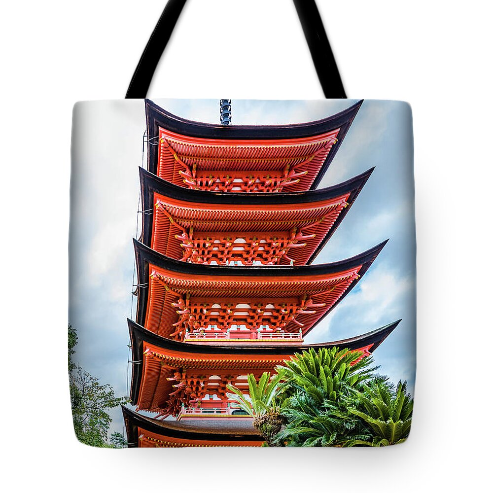 Pagoda Tote Bag featuring the photograph Five-storied pagoda - Gojunoto - on the Miyajima Island by Lyl Dil Creations