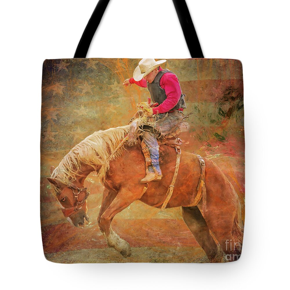Flag Fireworks Rodeo Tote Bag featuring the digital art Flag Fireworks Rodeo by Randy Steele