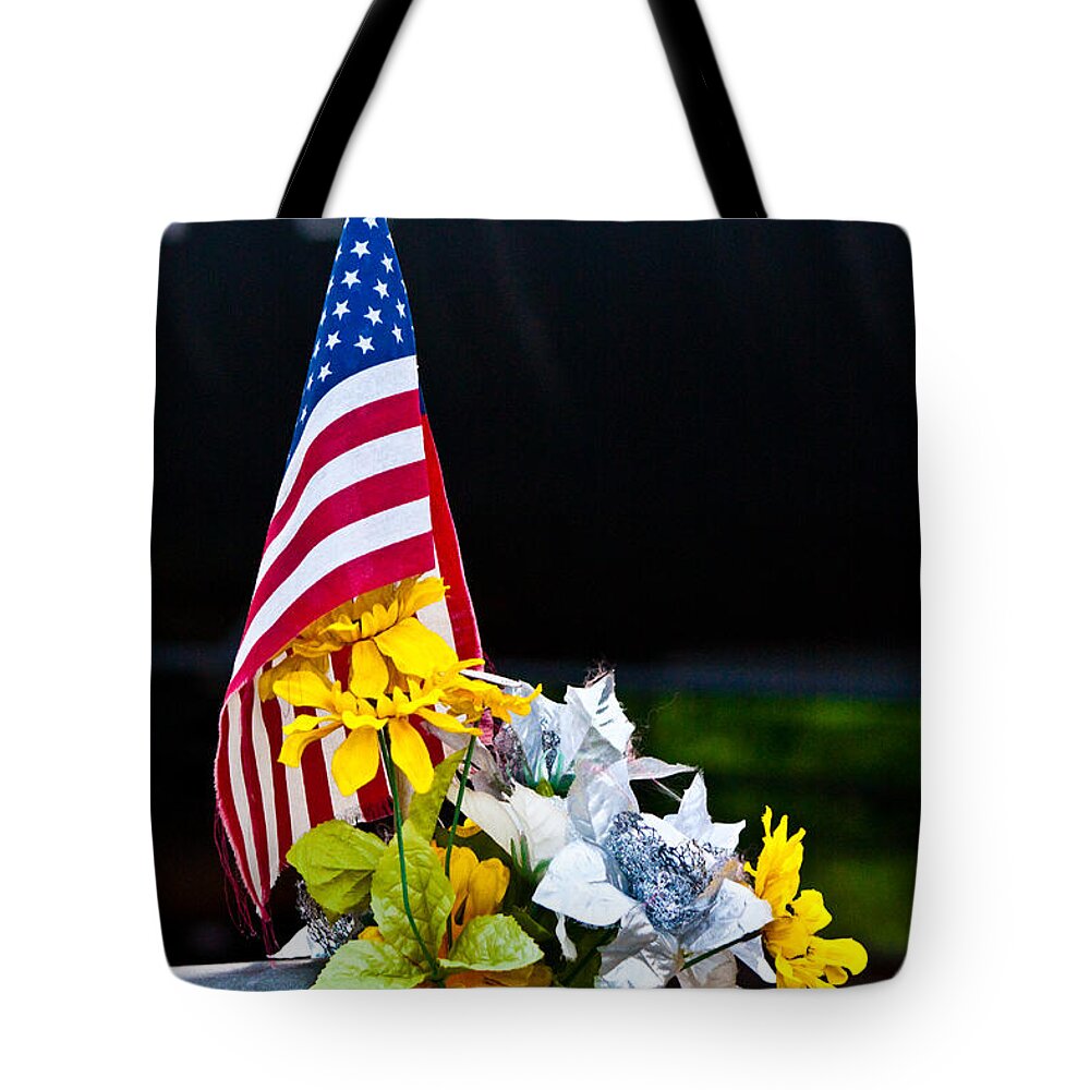 American Flag Tote Bag featuring the photograph Flag, Flowers, and Freight Train by Steve Ember