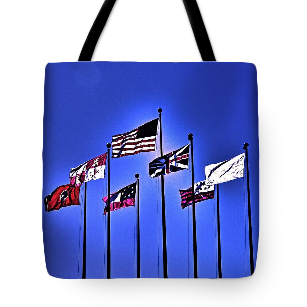 America Tote Bag featuring the digital art Flags Against A Dark Blue Sky by David Desautel