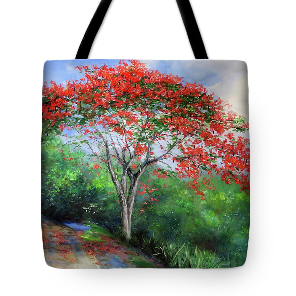 Flamboyant Tree Tote Bag featuring the painting Flamboyant Tree 2021 by Jonathan Guy-Gladding JAG