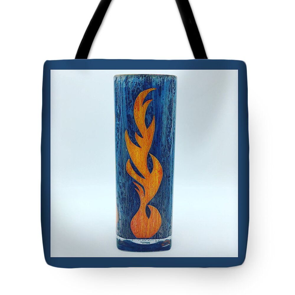 Glass Tote Bag featuring the glass art Flame on Blue by Christopher Schranck