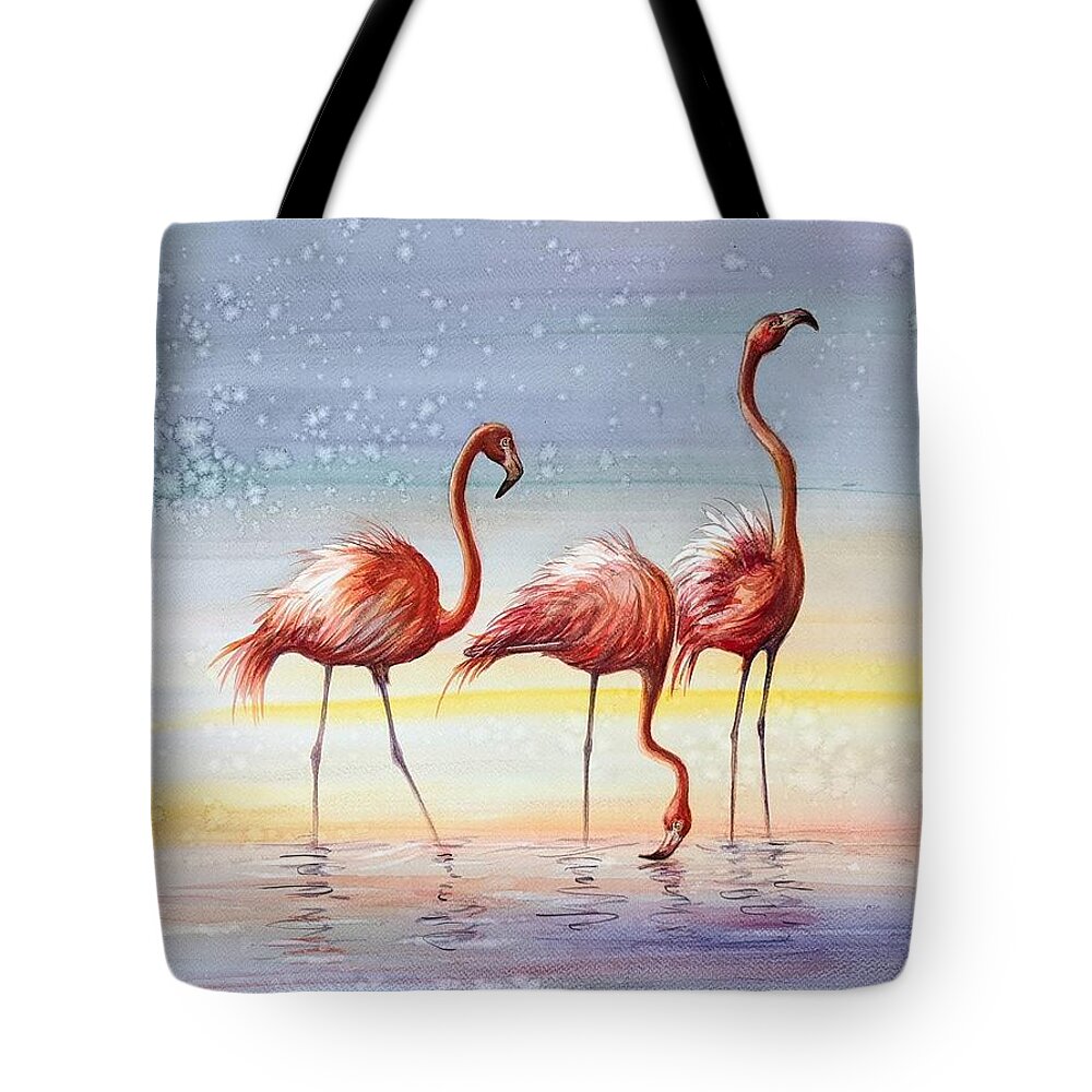 Flamingoes Tote Bag featuring the painting Flamingos 4 by Katerina Kovatcheva